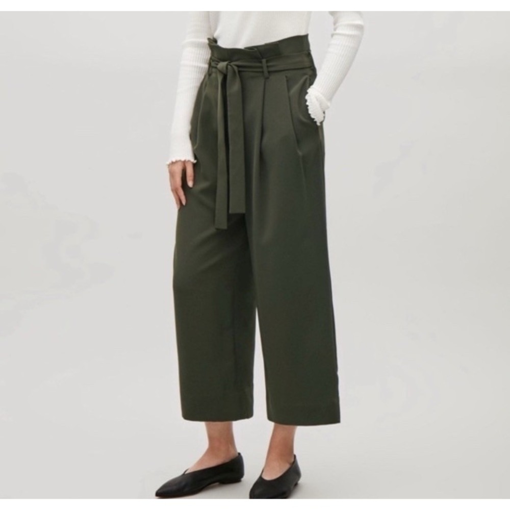 COS Green Wide Leg Paper Bag Waist Cropped Pants Tie Belt Pleated Size 4 Career